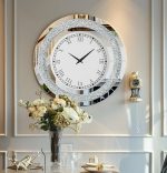 60/80CM Bling Silver Round Mirror Wall Clock – Glam Sparkle Mirrored Clock for Home Décor